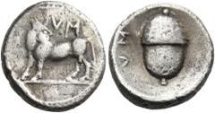 "Collection sans Pareille" of Ancient Greek Fractions, Part II LUCANIA. Sybaris III. 453-448 BC. Triobol (Silver, 11 mm, 1.14 g, 6 h). MV (retrograde) Man-faced bull standing left, his head turned bac