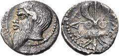 "Collection sans Pareille" of Ancient Greek Fractions, Part II SICILY. Katane. Circa 461-450 BC. Litra (Silver, 11 mm, 0.71 g, 9 h). Head of Silenos to left, balding, with an animal ear, and a long be