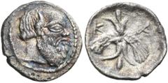 "Collection sans Pareille" of Ancient Greek Fractions, Part II SICILY. Katane. Circa 450-415/3 BC. Hemilitron or Hexonkion (Silver, 9.5 mm, 0.21 g, 11 h). Head of Silenos to right, balding, bearded an