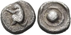 "Collection sans Pareille" of Ancient Greek Fractions, Part II THRACO-MACEDONIAN REGION. Uncertain mint. Circa 480-450 BC. Tetartemorion (Silver, 6.5 mm, 0.21 g), struck as small change for military u
