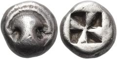 "Collection sans Pareille" of Ancient Greek Fractions, Part II BOEOTIA. Thebes. 525-480 BC. Obol (Silver, 7 mm, 0.96 g). Boeotian shield. Rev. Mill-sail pattern incuse square. BCD Boiotia 336 (this co