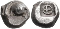 "Collection sans Pareille" of Ancient Greek Fractions, Part II BOEOTIA. Thebes. Circa 480-460 BC. Hemiobol (Silver, 6 mm, 0.54 g). Half of a Boeotian shield. Rev. ⨂ in an incuse square. BCD Boiotia 35