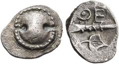 "Collection sans Pareille" of Ancient Greek Fractions, Part II BOEOTIA. Thebes. Circa 450-425 BC. Tetartemorion (Silver, 8 mm, 0.25 g). Boeotian shield with a dotted rim. Rev. ⊙Ε Club, shown horizonta