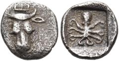 "Collection sans Pareille" of Ancient Greek Fractions, Part II EUBOIA. Eretria. Circa 500-465 BC. Obol (Silver, 9 mm, 0.45 g, 6 h), with a thick flan and a deep reverse incuse. Bull's head facing; abo