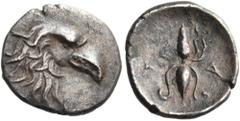 "Collection sans Pareille" of Ancient Greek Fractions, Part II ELIS. Olympia. 95th Olympiad, 400 BC. Hemiobol (Silver, 10 mm, 0.49 g, 10 h), circa 460s. Eagle's head and neck to right. Rev. Ϝ - Α Thun