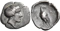 "Collection sans Pareille" of Ancient Greek Fractions, Part II ELIS. Olympia. 105th Olympiad, 360 BC. Obol (Silver, 12 mm, 0.82 g, 11 h), struck in the Hera mint. Ϝ - Α Head of the eponymous nymph Oly