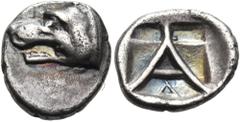 "Collection sans Pareille" of Ancient Greek Fractions, Part II ARGOLIS. Argos. Circa 420/10-370 BC. Obol (Silver, 9 mm, 0.82 g, 3 h). Head of wolf to left. Rev. Large Α within incuse square containing