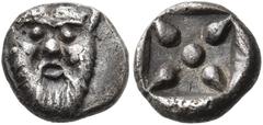"Collection sans Pareille" of Ancient Greek Fractions, Part II ASIA MINOR, Troas to Ionia. Uncertain. Circa 480 BC. Hemiobol (Silver, 7 mm, 0.44 g). Facing head of a bearded river god, his horns risin