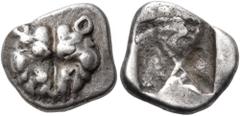 "Collection sans Pareille" of Ancient Greek Fractions, Part II LESBOS. Uncertain mint. Circa 500-450 BC or later (?). 1/12 Stater (Silver, 10 mm, 1.07 g). Two confronted boar's heads in profile, formi