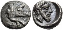 "Collection sans Pareille" of Ancient Greek Fractions, Part II CARIA. Euromos. Circa 400-350 BC. Tetartemorion (Silver, 6 mm, 0.23 g, 12 h). Forepart of a boar moving to right. Rev. Bearded male head 