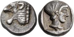 "Collection sans Pareille" of Ancient Greek Fractions, Part II CARIA. Knidos. Circa 480 BC. Obol (Silver, 9 mm, 0.90 g, 6 h). Head of roaring lion to left. Rev. Head of Aphrodite to right, wearing a c