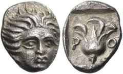"Collection sans Pareille" of Ancient Greek Fractions, Part II ISLANDS OFF CARIA, Rhodos. Rhodes. Circa 408/7-390 BC. Obol (Silver, 8 mm, 0.56 g, 12 h). Head of Helios facing, turned slightly to the r
