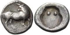 The Dr. Peter Paul Urone Collection of Greek Coins LUCANIA. Sybaris. Circa 510-475 BC. Triobol (Silver, 11.5 mm, 1.16 g, 5 h). Bull standing to right, head turned back to left. Rev. Amphora (incuse). 