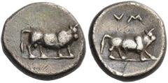 The Dr. Peter Paul Urone Collection of Greek Coins LUCANIA. Sybaris III. 453-448 BC. Triobol (Silver, 10 mm, 1.29 g, 1 h). Bull standing to right. Rev. VM Bull walking to right. HN III 1748. Very rare