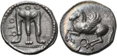 The Dr. Peter Paul Urone Collection of Greek Coins BRUTTIUM. Kroton. Circa 525-425 BC. Triobol (Silver, 12 mm, 1.23 g, 7 h). ϘPO Tripod with feet terminating in lion's paws and three ring handles on t