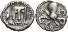 The Dr. Peter Paul Urone Collection of Greek Coins BRUTTIUM. Kroton. Circa 525-425 BC. Triobol (Silver, 12 mm, 1.24 g, 7 h), c. 450. ϘΡΟ (retrograde) Tripod with legs ending in lions' paws and three r