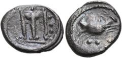 The Dr. Peter Paul Urone Collection of Greek Coins BRUTTIUM. Kroton. Circa 500-480 BC. Triobol (Silver, 12.5 mm, 1.12 g, 8 h). [ϘΡΟretrograde] Tripod with legs ending in lions' paws and with three pel