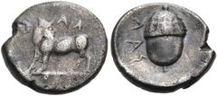The Dr. Peter Paul Urone Collection of Greek Coins BRUTTIUM. Laos. Circa 480-460 BC. Triobol (Silver, 11 mm, 1.05 g, 12 h). ΛΑ - Σ (retrograde) Man-faced bull standing to left, his head turned back to