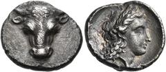 The Dr. Peter Paul Urone Collection of Greek Coins PHOKIS, Federal Coinage. Circa 357-354. Triobol (Silver, 15 mm, 2.63 g, 12 h), struck under the tyrant Philomelos. Bull's head facing. Rev. [Φ-Ω] Lau