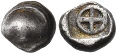 The Dr. Peter Paul Urone Collection of Greek Coins BOEOTIA. Thebes. Circa 480-460 BC. Hemiobol (Silver, 5.5 mm, 0.39 g). Half of a Boeotian shield. Rev. ⨂ in an incuse square. Cf. BCD Boiotia 356 and 