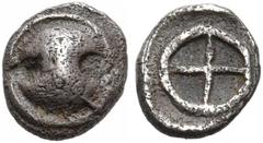 The Dr. Peter Paul Urone Collection of Greek Coins BOEOTIA. Thebes. Circa 480-460 BC. Tetartemorion (Silver, 5.5 mm, 0.15 g). Boeotian shield. Rev. ⨁ in incuse square. BCD Boiotia 360. HGC 4, 1373. Cl
