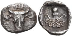 The Dr. Peter Paul Urone Collection of Greek Coins EUBOIA. Eretria. Circa 500-465 BC. Obol (Silver, 9 mm, 0.35 g, 3 h). Bull's head facing, with the letter Ε (legs upwards) above, between the horns. R