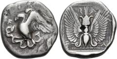 The Dr. Peter Paul Urone Collection of Greek Coins ELIS. Olympia. 87th Olympiad, 432 BC. Stater (Silver, 24 mm, 10.47 g, 7 h). F-A, Eagle standing to left, with wings spread, grasping, with his talons