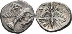 The Dr. Peter Paul Urone Collection of Greek Coins ELIS. Olympia. 134th-143rd Olympiad, circa 244-208 BC. Drachm (Silver, 18 mm, 4.88 g, 8 h). Eagle flying right, clutching the back of a hare with its