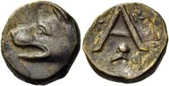 The Dr. Peter Paul Urone Collection of Greek Coins ARGOLIS. Argos. late 4th-3rd centuries BC. Chalkous (Bronze, 13 mm, 2.20 g, 4 h). Wolf's head to left. Rev. Large A flanked by K-K; below, Corinthian