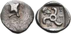 The Dr. Peter Paul Urone Collection of Greek Coins DYNASTS OF LYCIA. Mithrapata, circa 390-370 BC. Obol (Silver, 10.5 mm, 0.74 g). Astragalos. Rev. 𐊎𐊆 -𐊉 Triskeles to right with central annulet; in