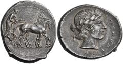 Greek SICILY. Katane. Circa 450-405 BC. Tetradrachm (Silver, 29 mm, 16.89 g, 3 h), 450-445. Male charioteer wearing a long chiton and holding a goad in his right hand and the reins in both, driving a 