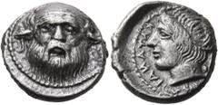 Greek SICILY. Katane. Circa 410-405 BC. Drachm (Silver, 16 mm, 3.89 g, 12 h). Facing head of bald and bearded Silenos with pointed ears. Rev. ΚΑΤΑΝΑΙΩΝ Head of the river god Amenanos to left, his hair