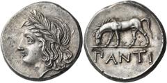 Greek CIMMERIAN BOSPOROS. Pantikapaion. Circa 355-340 BC. Tetradrachm (Silver, 27 mm, 15.78 g, 11 h). Laureate head of Apollo to left. Rev. ΠANTI Horse grazing left on groundline with two plants. Anok
