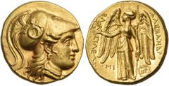 Greek KINGS OF MACEDON. Alexander III 'the Great', 336-323 BC. Stater (Gold, 18 mm, 8.61 g, 12 h), struck under Seleukos I, Babylon, circa 311-300. Head of Athena to right, wearing triple-crested Cori