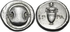 Greek BOEOTIA. Thebes. Circa 395-338 BC. Stater (Silver, 22 mm, 12.15 g), struck under the magistracy of Epaminondas, circa 364-362. Boeotian shield. Rev. ΕΠ-ΠΑ Amphora; above, small Boeotian shield. 