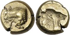 Greek LESBOS. Mytilene. Circa 521-478 BC. Hekte (Electrum, 10.5 mm, 2.59 g, 1 h). Forepart of a bull to left with a beaded wreath decorating the truncation; below head, M. Rev. Lion's head with open j