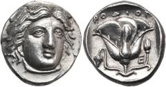 Greek ISLANDS OFF CARIA, Rhodos. Rhodes. Circa 340-316 BC. Didrachm (Silver, 20 mm, 6.93 g, 12 h). Head of Helios facing, turned slightly to right. Rev. POΔION Rose with bud to right and a grape bunch