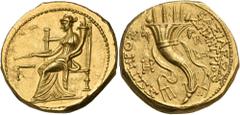 Greek SELEUKID KINGS. Demetrios I Soter, 162-150 BC. Tristater (Gold, 22 mm, 25.59 g, 12 h), Antioch-on-the-Orontes, BΞΡ = SE 162 = 151/0 BC. Tyche, holding a short scepter in her right hand and a cor