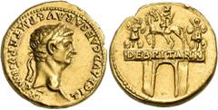 Roman Imperial & Provincial Claudius, AD 41-54. Aureus (Gold, 19 mm, 7.80 g, 11 h), on the Roman triumphs in Britain, Lugdunum, 46-47. TI CLAVD CAESAR AVG•P M•TR•P•VI IMP•XI Laureate head of Claudius 