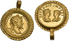 Roman Imperial & Provincial Septimius Severus, with Caracalla and Geta as Caesar, 193-211. Aureus (Gold, 24 mm, 10.06 g, 6 h). In an ancient ring mount, consisting of a curved-sided ring, encircling t