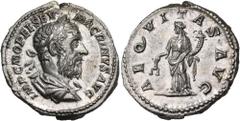 Roman Imperial & Provincial Macrinus, 217-218. Denarius (Silver, 19 mm, 3.52 g, 12 h), Rome, 218. IMP C M OPEL SEV MACRINVS AVG Laureate and draped bust of Macrinus to right. Rev. AEQVITAS AVG Aequita