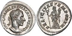 Roman Imperial & Provincial Macrinus, 217-218. Denarius (Silver, 19 mm, 3.27 g, 6 h), Rome, March-June 218. IMP C M OPEL SEV MACRINVS AVG Laureate and cuirassed bust of Macrinus to right. Rev. FELICIT