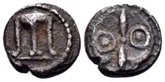 Greek BRUTTIUM. Kroton. Circa 430-420 BC. Diobol (Silver, 9.5 mm, 0.72 g). Tripod with feet terminating in lion's paws; border of dots. Rev. Thunderbolt between ⊙ ⊙ (= diobol). HN III 2134. SNG ANS 33