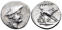 Greek AITOLIA, Aitolian League. Circa 205-150 BC. Triobol (Silver, 16,5 mm, 2.48 g, 10 h), circa 170-160. Head of Aetolia to right, wearing kausia. Rev. AITΩΛΩN Calydonian boar right above monograms o