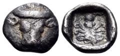 Greek EUBOIA. Eretria. Circa 500-465 BC. Obol (Silver, 8.5 mm, 0.60 g, 11 h). Bull's head facing. Rev. Octopus with body above and eight arms; all within an incuse square. BCD Euboia 324 (this coin). 