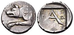 Greek ARGOLIS. Argos. Circa 90-50 BC. Triobol (Silver, 15 mm, 2.31 g, 3 h). Forepart of wolf at bay to left. Rev. Large A; below crossbar, eagle standing right on thunderbolt; in fields, I-E/P-Ω/NO-Σ 