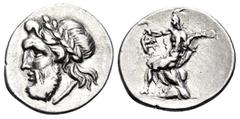 Greek ARKADIA, Arkadian League. Megalopolis. Circa 175-168 BC. Triobol (Silver, 17 mm, 2.48 g, 8 h). Laureate head of Zeus to left. Rev. Pan seated left on rock, his right hand raised and holding lago