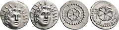 Greek ISLANDS OFF CARIA, Rhodos. Rhodes. Circa 88/42 BC-AD 14. (Silver, 8.36 g), Lot of two silver drachms struck from the same obverse die, in the names of the magistrates Mikeion and Charmios (19 mm