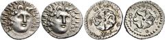 Greek ISLANDS OFF CARIA, Rhodos. Rhodes. Circa 88/42 BC-AD 14. (Silver, 8.19 g), Lot of two silver drachms struck from the same obverse die, in the names of the magistrates Meikion and Euphranor (19 m