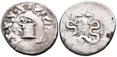 Greek LYDIA. Tralleis. Circa 160-155 BC. Cistophoric Tetradrachm (Silver, 28 mm, 12.57 g, 6 h). Cista mystica from which snake coils; around, ivy wreath with fruits. Rev. Two snakes coiled around a bo